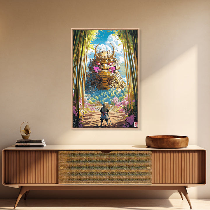Giant Golden Samurai Mask In Bamboo Grove Framed Canvas Print, Japanese Warrior Wall Art, Fantasy Decor, Gift For Him, Office Decor