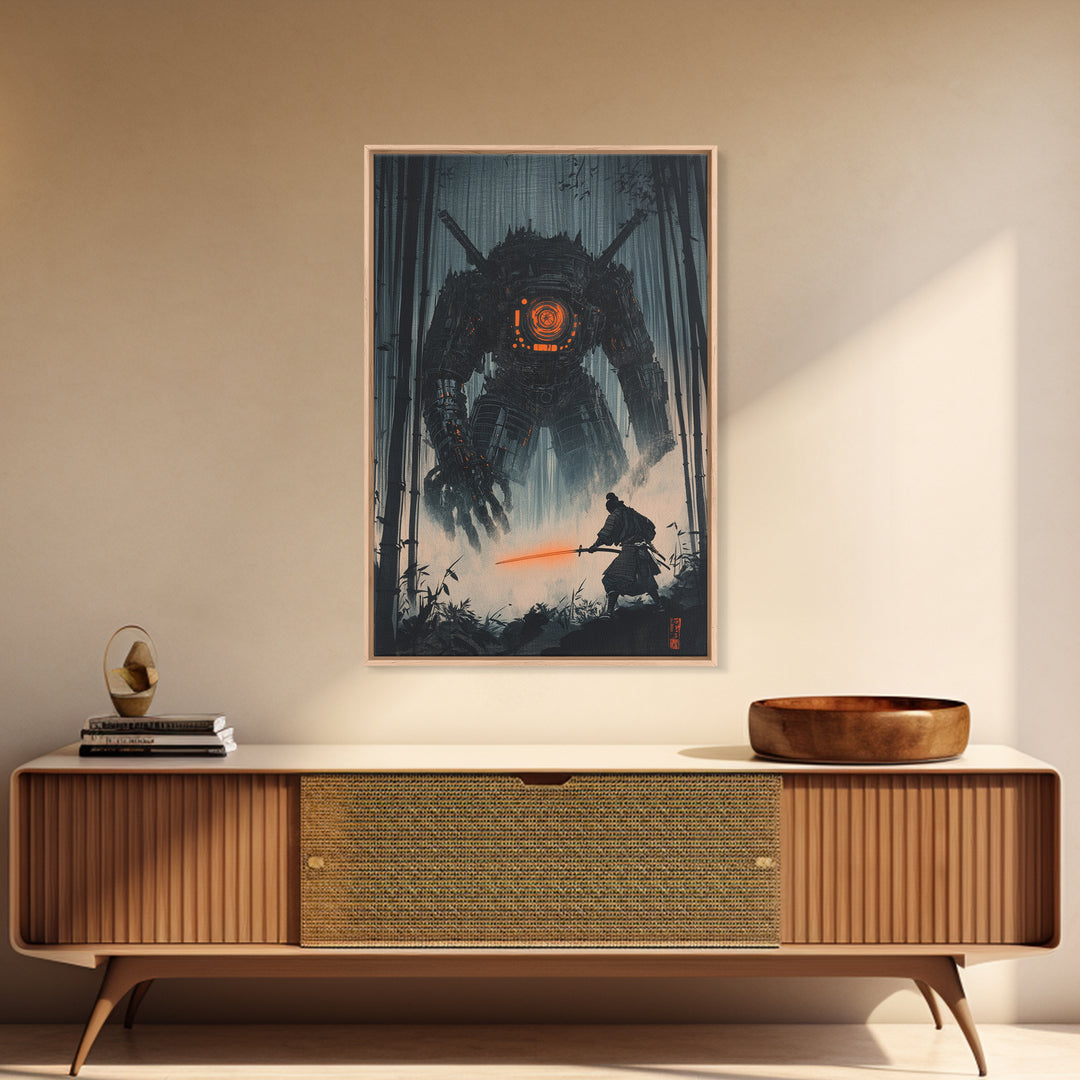 Dark Samurai Facing Giant Mech Wall Art, Cyberpunk Japanese Bamboo Forest, Neon Sword Framed Canvas Print, Office Wall Decor