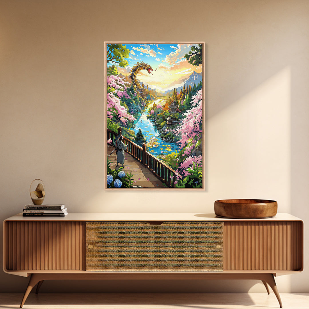 Golden Dragon Above Cherry Blossom Valley Wall Art, Japanese Fantasy Landscape, River Mountain Canvas Print, Zen Home Decor