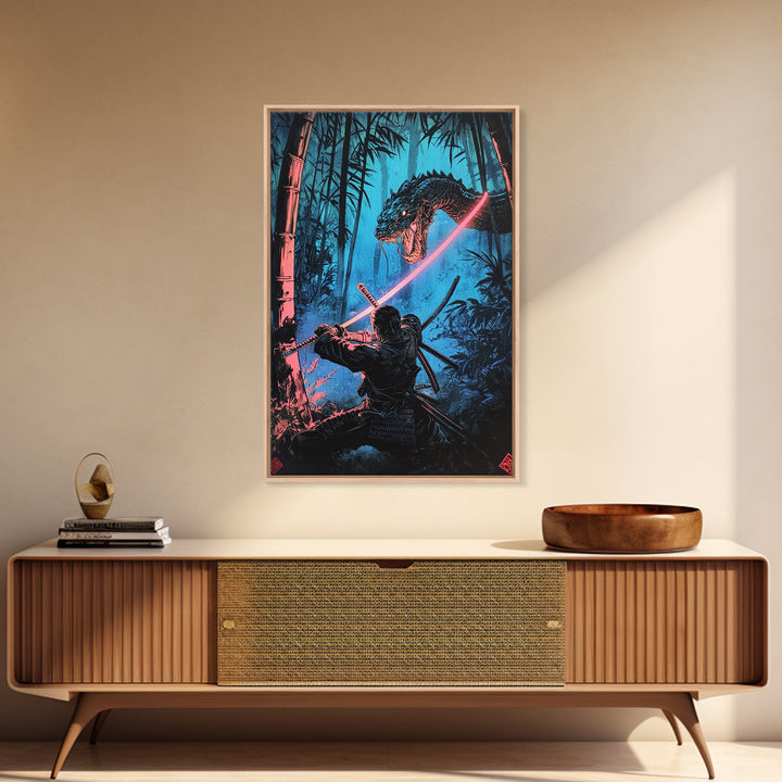 Neon Samurai Battling Serpent Dragon Wall Art, Cyberpunk Japanese Bamboo Forest, Dark Fantasy Framed Canvas Print, Office Decor