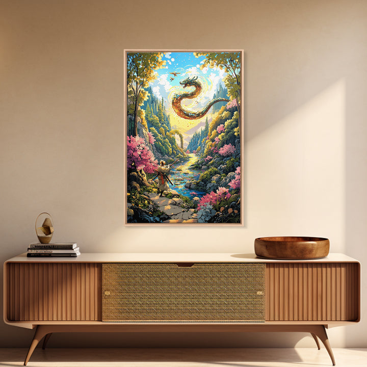 Warrior And Golden Dragon Mountain River Wall Art, Japanese Fantasy Canvas Print, Samurai Decor, Cherry Blossom Landscape