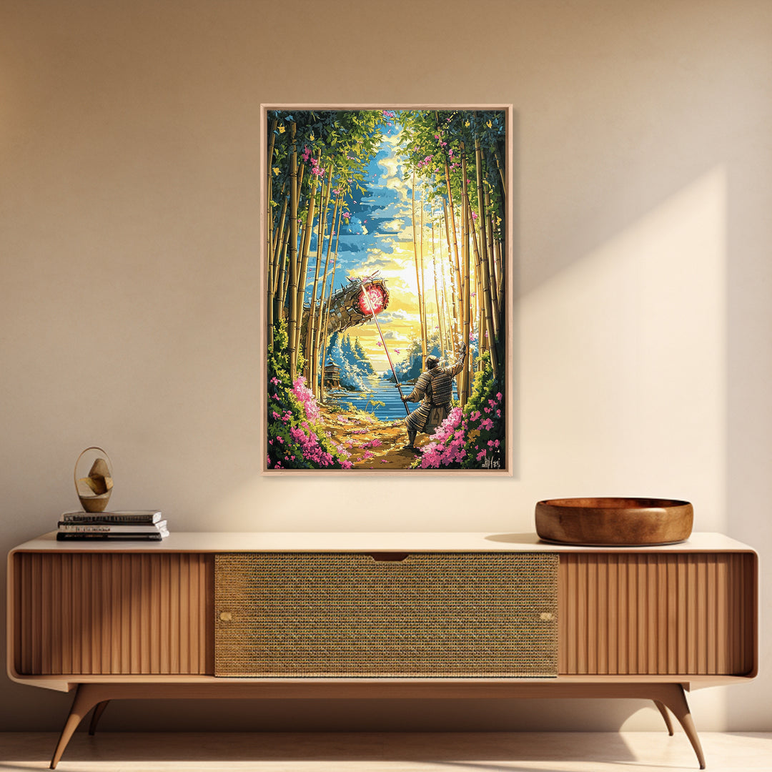 Samurai Banner In Bamboo Forest Wall Art, Japanese Warrior Canvas Print, Cherry Blossom Decor, Fantasy Landscape Poster Art