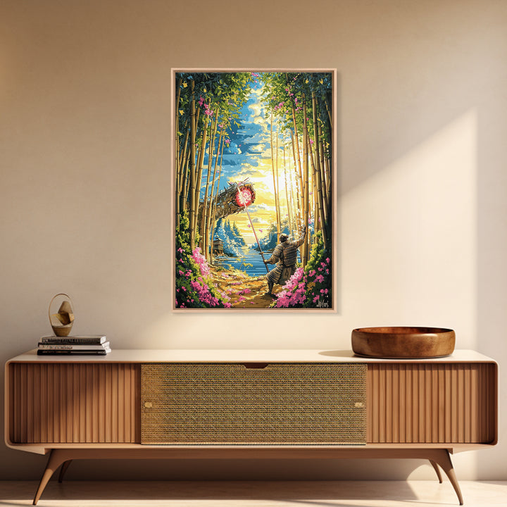 Samurai Banner In Bamboo Forest Wall Art, Japanese Warrior Canvas Print, Cherry Blossom Decor, Fantasy Landscape Poster Art