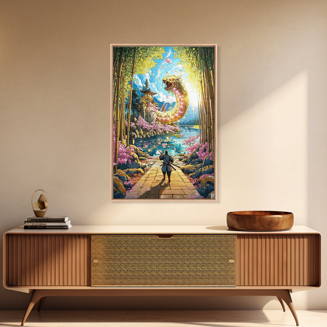 Golden Dragon By Bamboo Lake Framed Canvas Print, Samurai Wall Art, Japanese Fantasy Decor, Cherry Blossom Temple Art Print