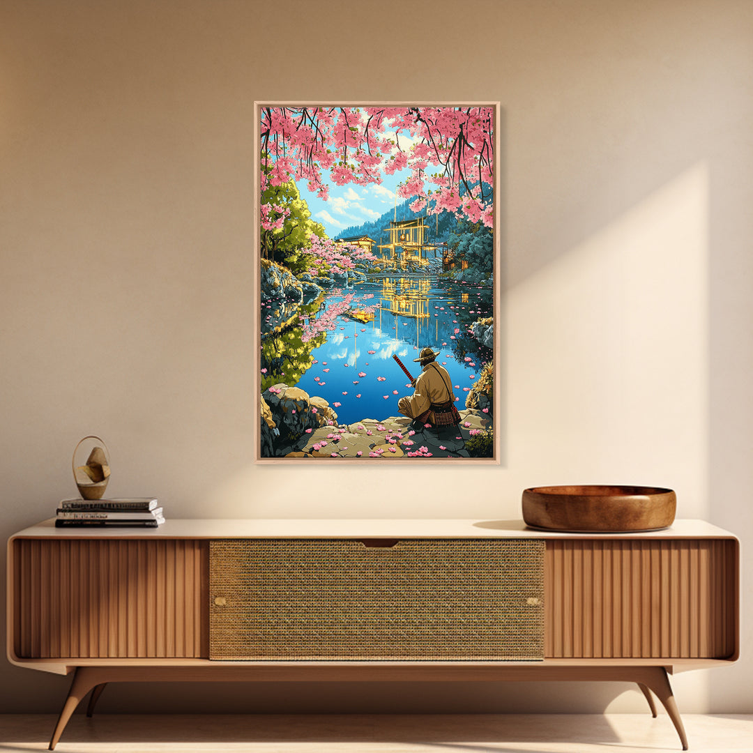Seated Samurai At Cherry Blossom Lake Wall Art, Japanese Garden Canvas Print, Torii Reflection Decor, Peaceful Landscape