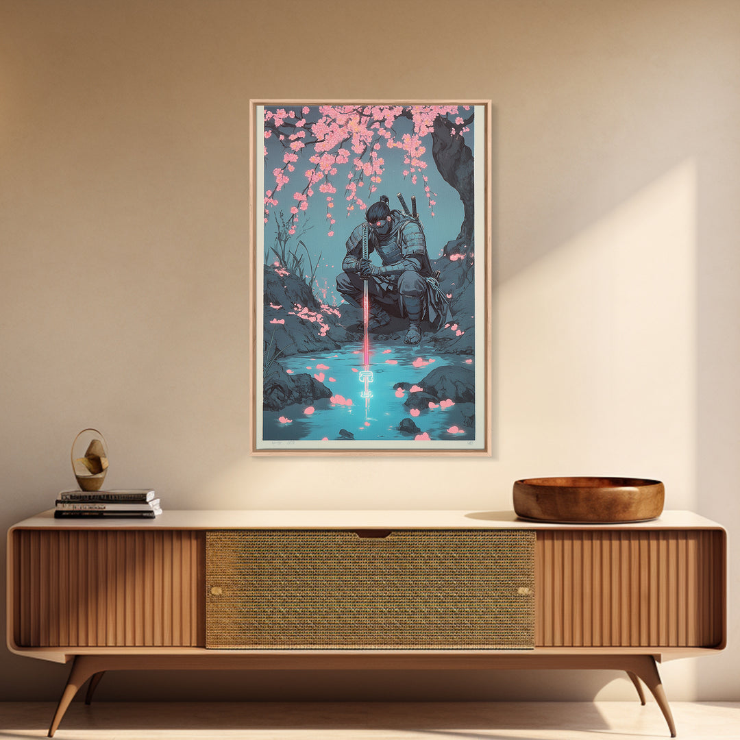 Kneeling Samurai With Glowing Sword Wall Art, Dark Japanese Canvas Print, Cherry Blossom Stream Decor, Ninja Warrior Poster