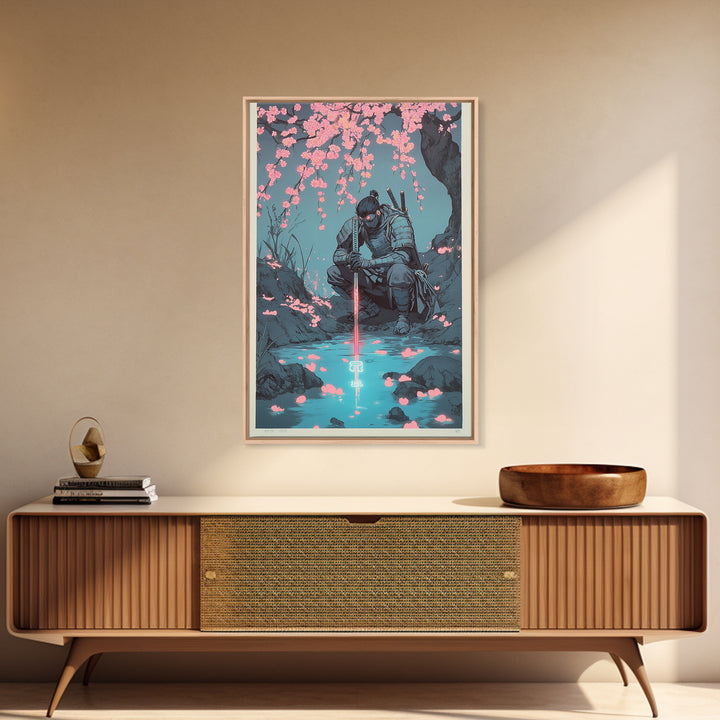 Kneeling Samurai With Glowing Sword Wall Art, Dark Japanese Canvas Print, Cherry Blossom Stream Decor, Ninja Warrior Poster
