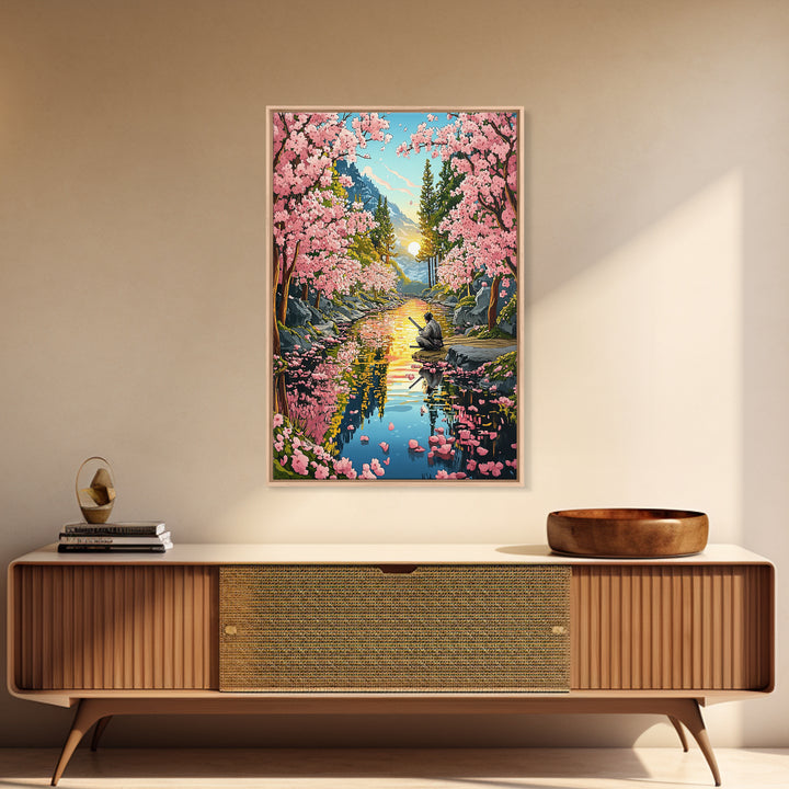 Samurai Meditation Beside Cherry River Wall Art, Japanese Landscape Canvas Print, Sakura Sunset Decor, Mountain Reflection