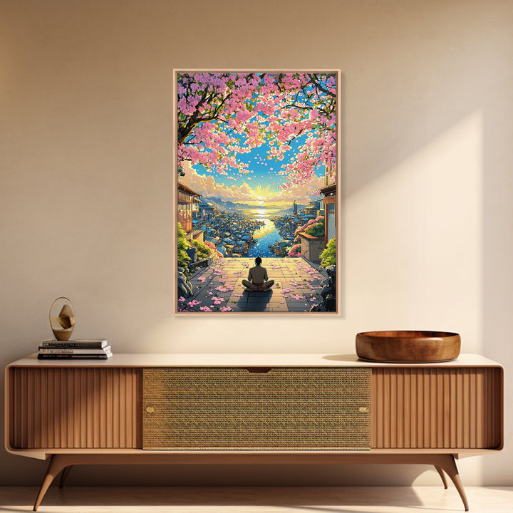 Meditation Over Cherry Blossom Harbor Wall Art, Japanese Coastal Canvas Print, Sakura Cityscape Decor, Peaceful Sunset Art