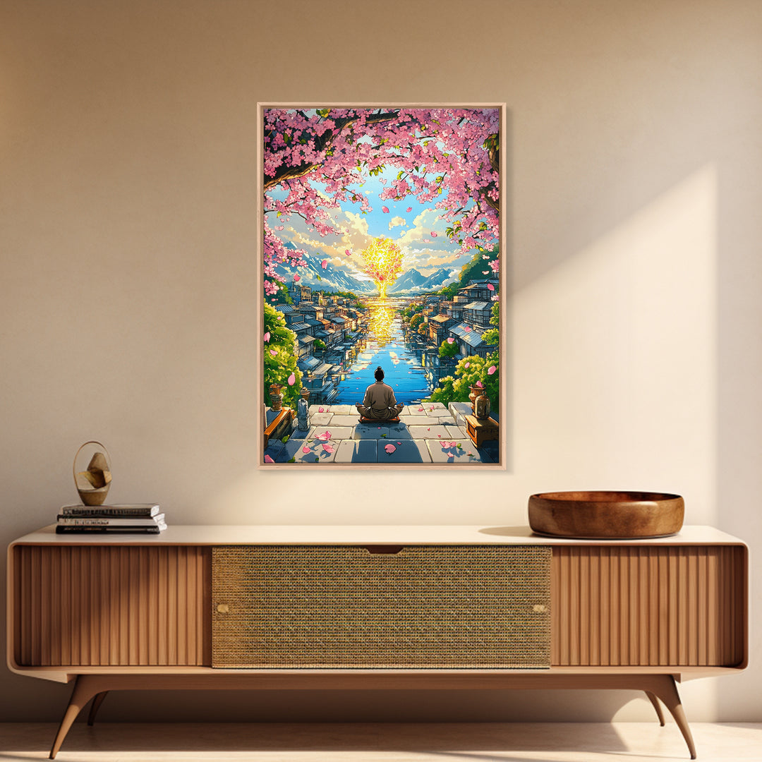 Meditating Figure Beneath Golden Tree Wall Art, Cherry Blossom Canvas Print, Japanese Canal City Decor, Spiritual Landscape
