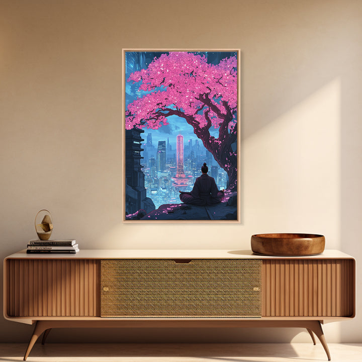 Pink Cherry Blossom Meditation City Wall Art, Cyberpunk Japanese Landscape Print, Neon Urban Decor, Zen Living Room Art Gift