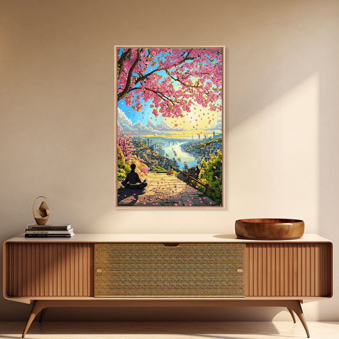 Cherry Blossom Stairway Bay Canvas Print, Japanese Coastal Landscape Art, Peaceful Zen Decor, Colorful Living Room Wall Art