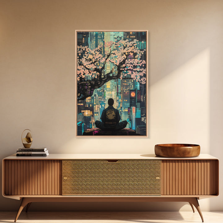 Cherry Blossoms Over Neon City Framed Canvas Print, Cyberpunk Japanese Wall Decor, Urban Zen Meditation Living Room Art Gift