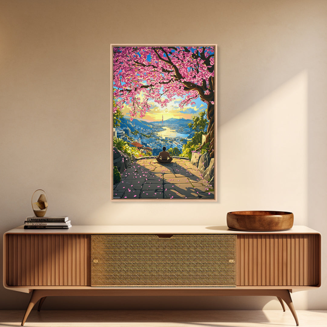 Sunset Cherry Blossom Bay Wall Art, Japanese Landscape Painting, Zen Meditation Decor, Colorful Coastal Living Room Print
