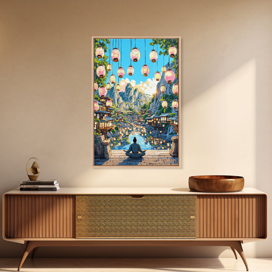 Lantern Mountain Village Canvas Print, Japanese Fantasy Landscape Art, Glowing River Decor, Zen Living Room Wall Art Gift