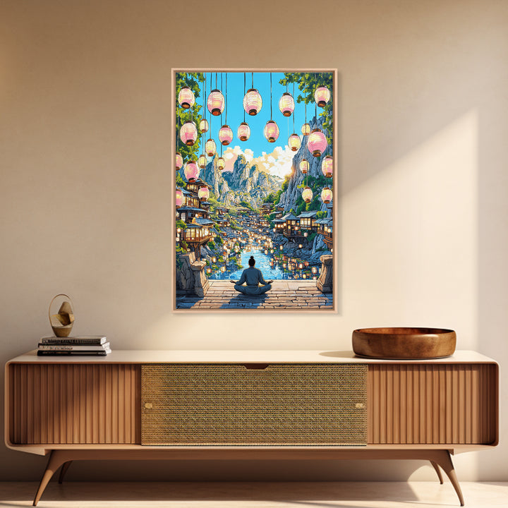 Lantern Mountain Village Canvas Print, Japanese Fantasy Landscape Art, Glowing River Decor, Zen Living Room Wall Art Gift