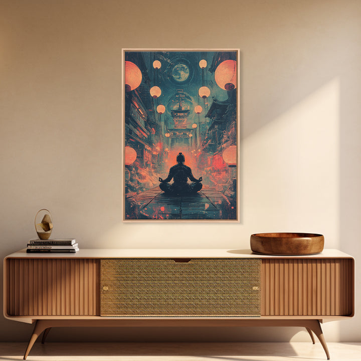 Moonlit Red Lantern Meditation Wall Art, Dark Japanese Fantasy Decor, Moody Zen Canvas Wall Art, Spiritual Room Print, Gift For Him