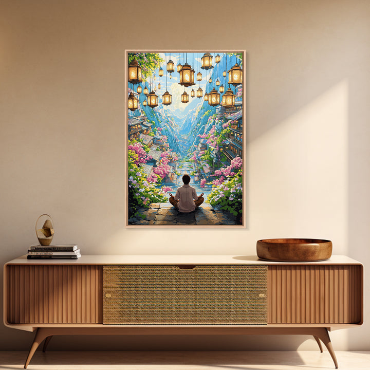 Hanging Lantern Valley Framed Canvas Print, Japanese Mountain Village Wall Decor, Floral Zen Landscape Living Room Art Gift