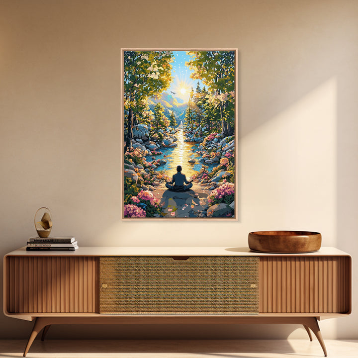 Golden Mountain River Meditation Canvas Print, Sunlit Nature Wall Art, Peaceful Zen Decor, Calming Living Room Art, Housewarming Gift