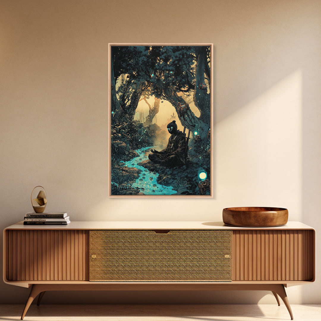 Meditating Samurai In Glowing Forest Stream Wall Art, Japanese Zen Decor, Fantasy Landscape Print, Moody Office Decor Gift