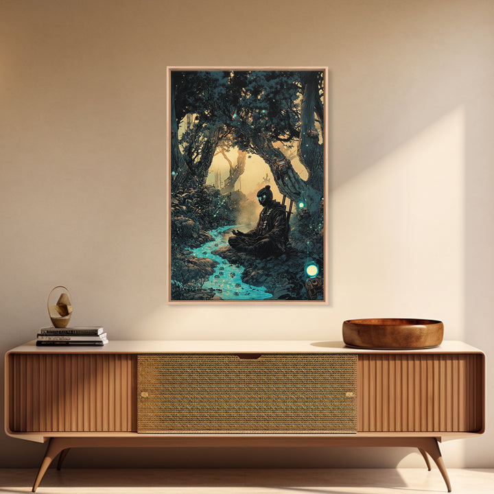 Meditating Samurai In Glowing Forest Stream Wall Art, Japanese Zen Decor, Fantasy Landscape Print, Moody Office Decor Gift