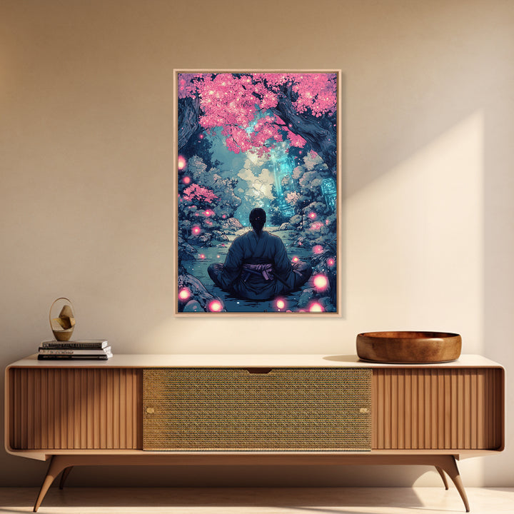 Mystical Samurai Under Pink Blossom Trees Wall Art, Japanese Fantasy Decor, Cyberpunk Zen Print, Moody Bedroom Wall Decor