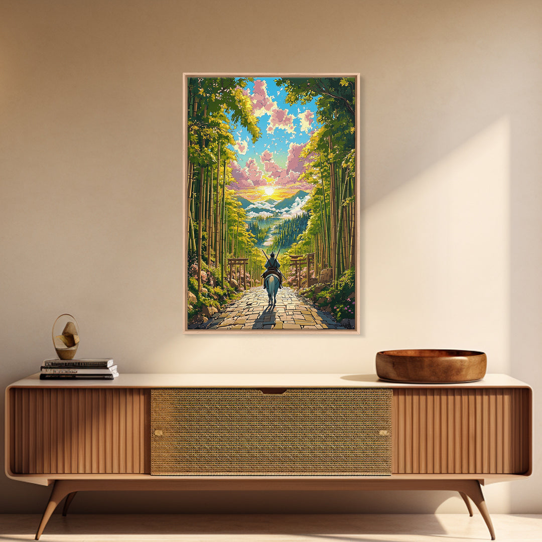 Samurai Rider On Bamboo Path At Sunset Framed Canvas Print, Japanese Landscape Wall Art, Zen Nature Home Decor, Gift For Her