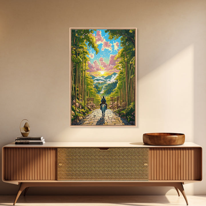 Samurai Rider On Bamboo Path At Sunset Framed Canvas Print, Japanese Landscape Wall Art, Zen Nature Home Decor, Gift For Her