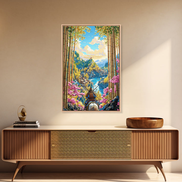 Armored Samurai Overlooking Lake City Framed Canvas Print, Japanese Bamboo Wall Art, Cherry Blossom Landscape, Home Decor