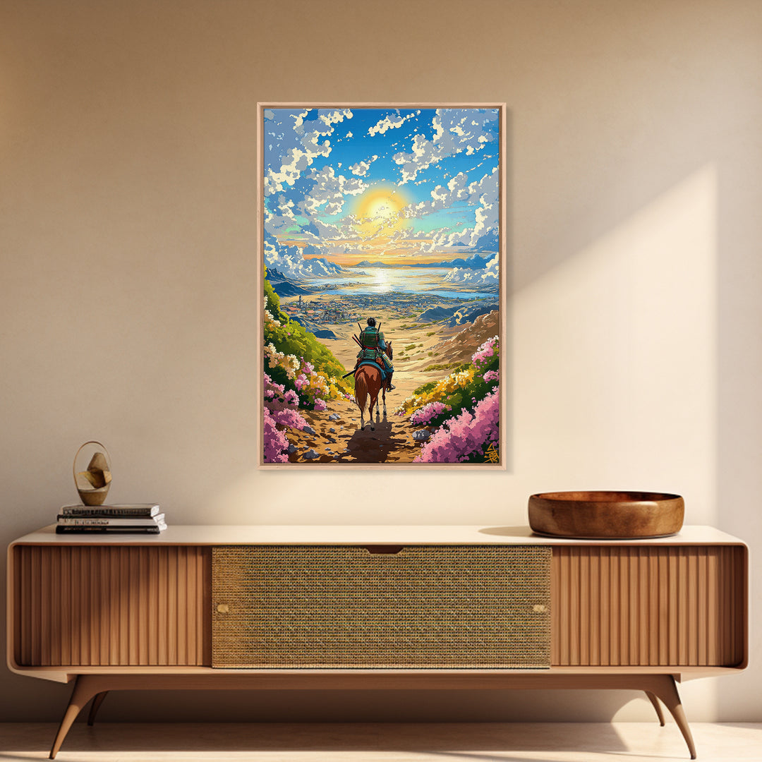 Samurai Rider Above Sunlit Ocean Valley Canvas Print, Japanese Landscape Wall Art, Coastal Mountain Decor, Colorful Print