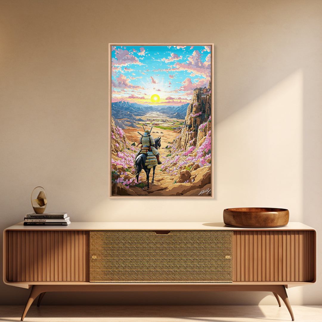 Armored Samurai Horse In Desert Canyon Sunrise Framed Canvas Print, Japanese Western Wall Art, Mountain Landscape Home Decor