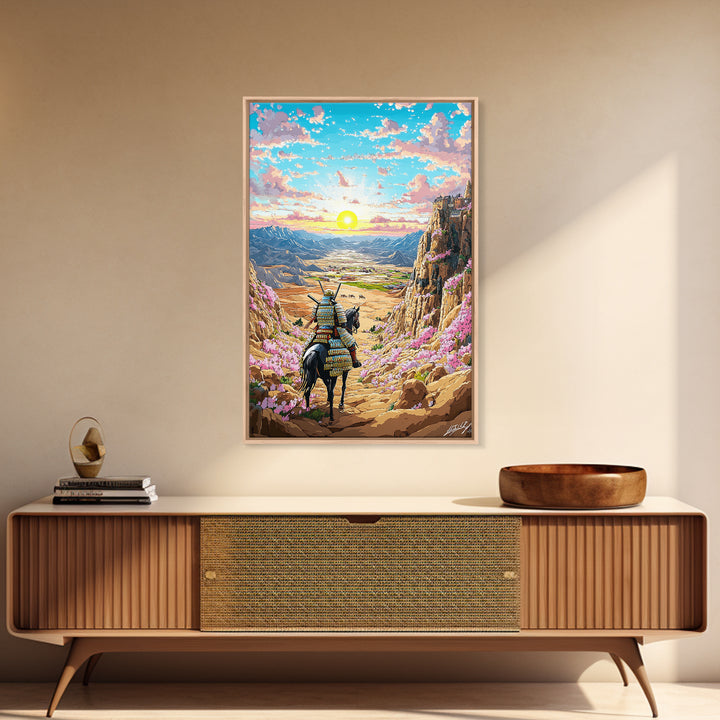 Armored Samurai Horse In Desert Canyon Sunrise Framed Canvas Print, Japanese Western Wall Art, Mountain Landscape Home Decor