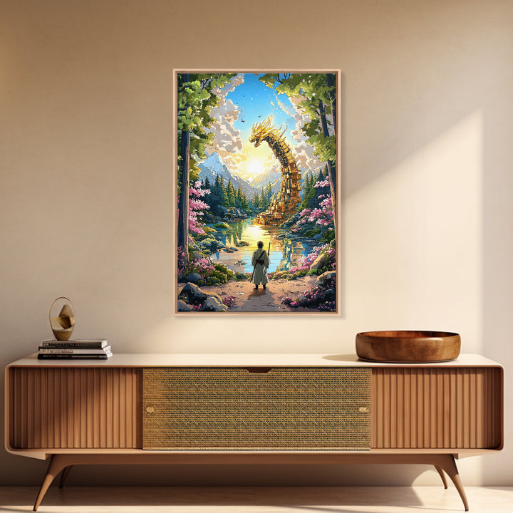 Golden Dragon Over Mountain Lake Canvas Print, Japanese Fantasy Art, Cherry Blossom Wall Decor, Samurai Living Room Art Print