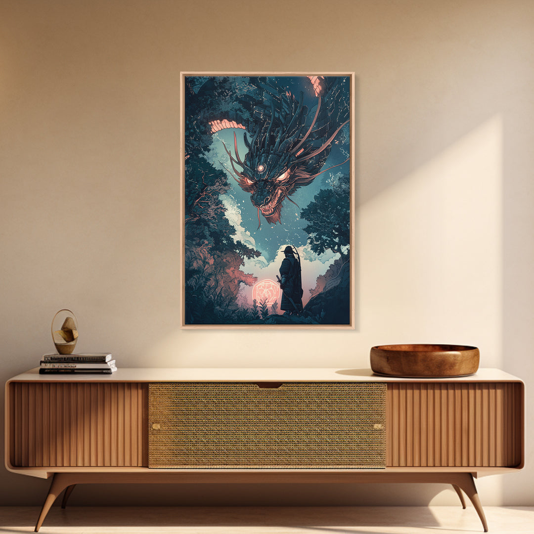 Dark Mechanical Dragon And Samurai Wall Art, Japanese Fantasy Poster, Cyberpunk Decor, Moody Sci Fi Living Room Art Print
