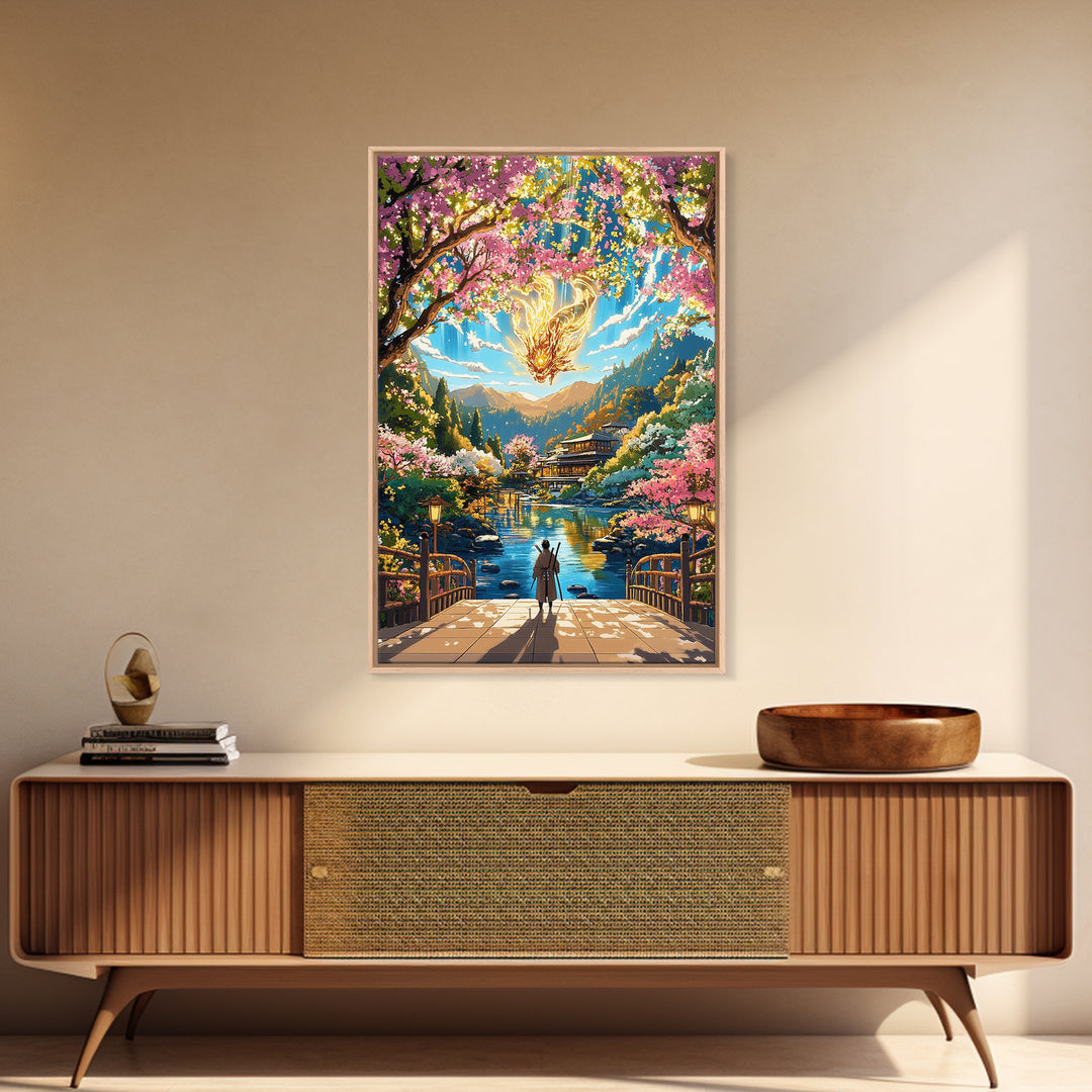 Glowing Dragon Above Cherry Blossom River Framed Canvas Print, Japanese Garden Wall Art, Colorful Fantasy Home Decor Print