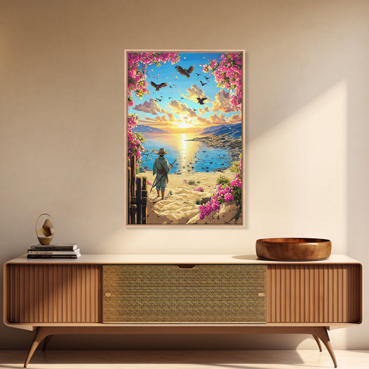 Samurai On Sunny Flower Framed Beach Canvas Print, Coastal Wall Art, Tropical Sunset Poster, Beach House Living Room Decor