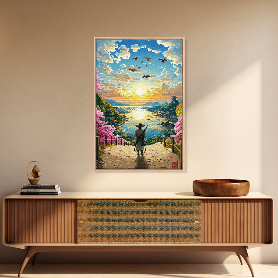 Samurai Overlooking Golden Coastal Village Wall Art, Japanese Seascape Print, Cherry Blossom Decor, Serene Living Room Art