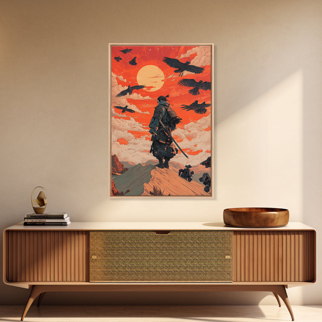 Armored Samurai Beneath Red Sunset And Ravens Canvas Print, Japanese Warrior Wall Art, Desert Fantasy Poster, Office Decor