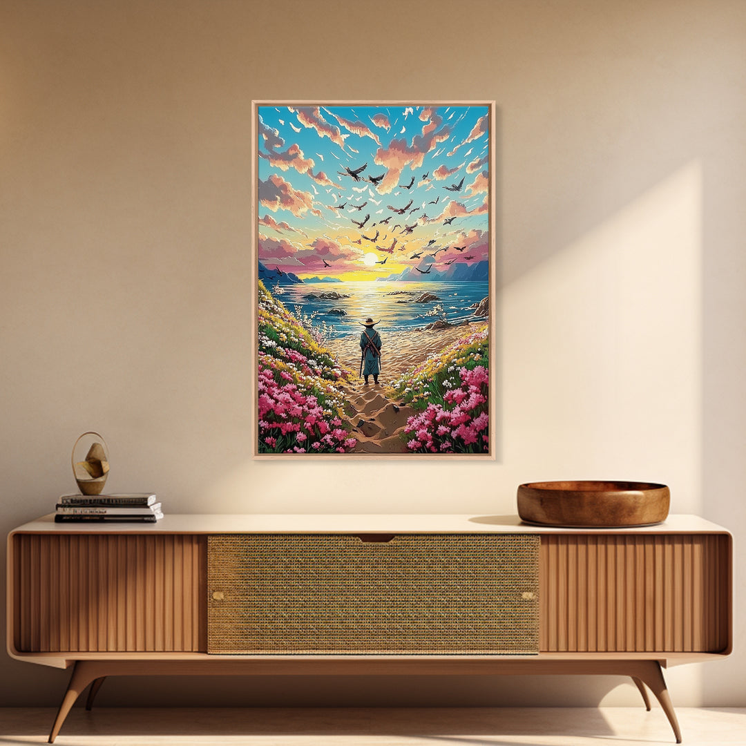 Lone Traveler On Wildflower Seaside Path Canvas Print, Coastal Sunset Wall Art, Ocean Landscape Decor, Beach House Print