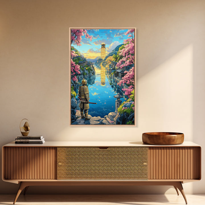 Samurai Overlooking Golden Pagoda Lake Wall Art, Japanese Cherry Blossom Canvas Print, Fantasy Landscape Home Decor Gift
