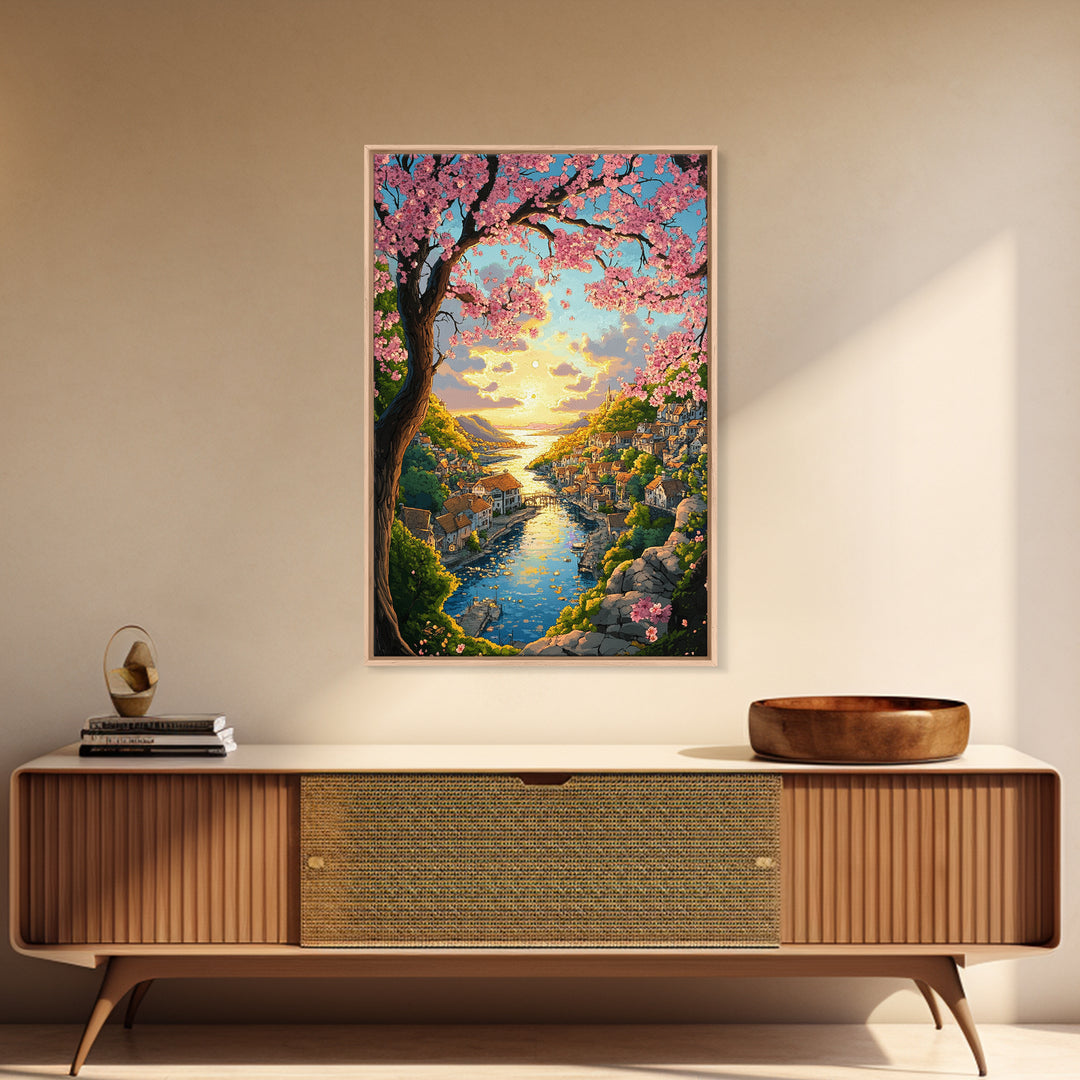 Cherry Blossom River Village Wall Art, Coastal Sunset Canvas Print, Japanese Landscape Art Print For Living Room Decor Gift