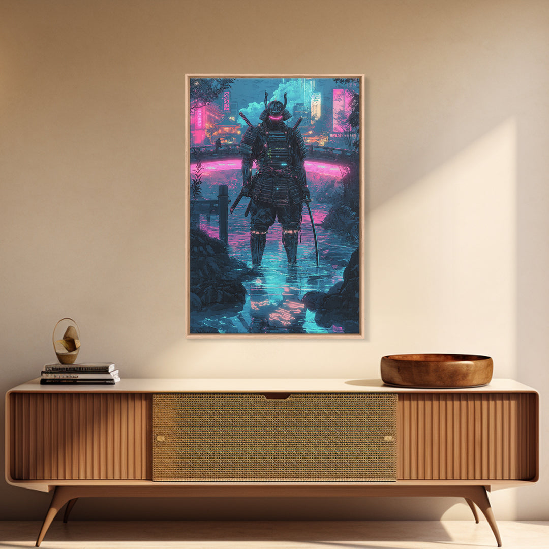 Neon Cyberpunk Samurai In Rain Wall Art, Futuristic City Canvas Print, Japanese Warrior Gaming Room Decor Gift For Him Poster