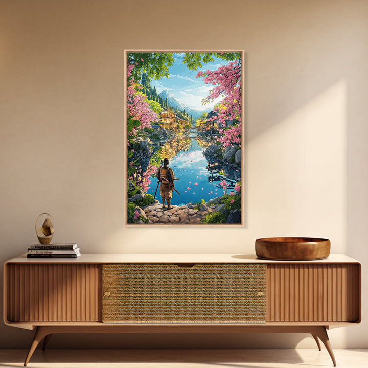 Samurai By Blossom Mountain Lake Wall Art, Japanese Village Framed Canvas Print, Serene Landscape Living Room Decor Gift
