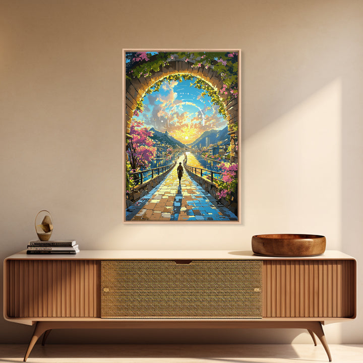Sunlit Archway Over Canal Wall Art, Japanese Fantasy Canvas Print, Cherry Blossom Landscape Above Bed Decor Gift For Her