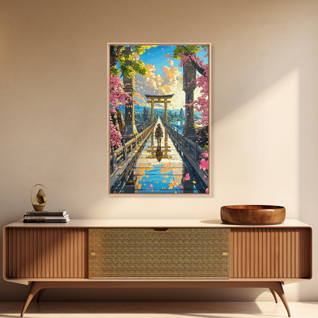 Samurai Crossing Torii Bridge Wall Art, Japanese Cherry Blossom Canvas Print, Scenic City Landscape Home Decor Gift For Her