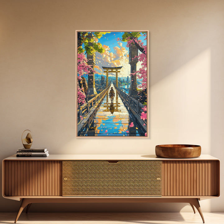 Samurai Crossing Torii Bridge Wall Art, Japanese Cherry Blossom Canvas Print, Scenic City Landscape Home Decor Gift For Her
