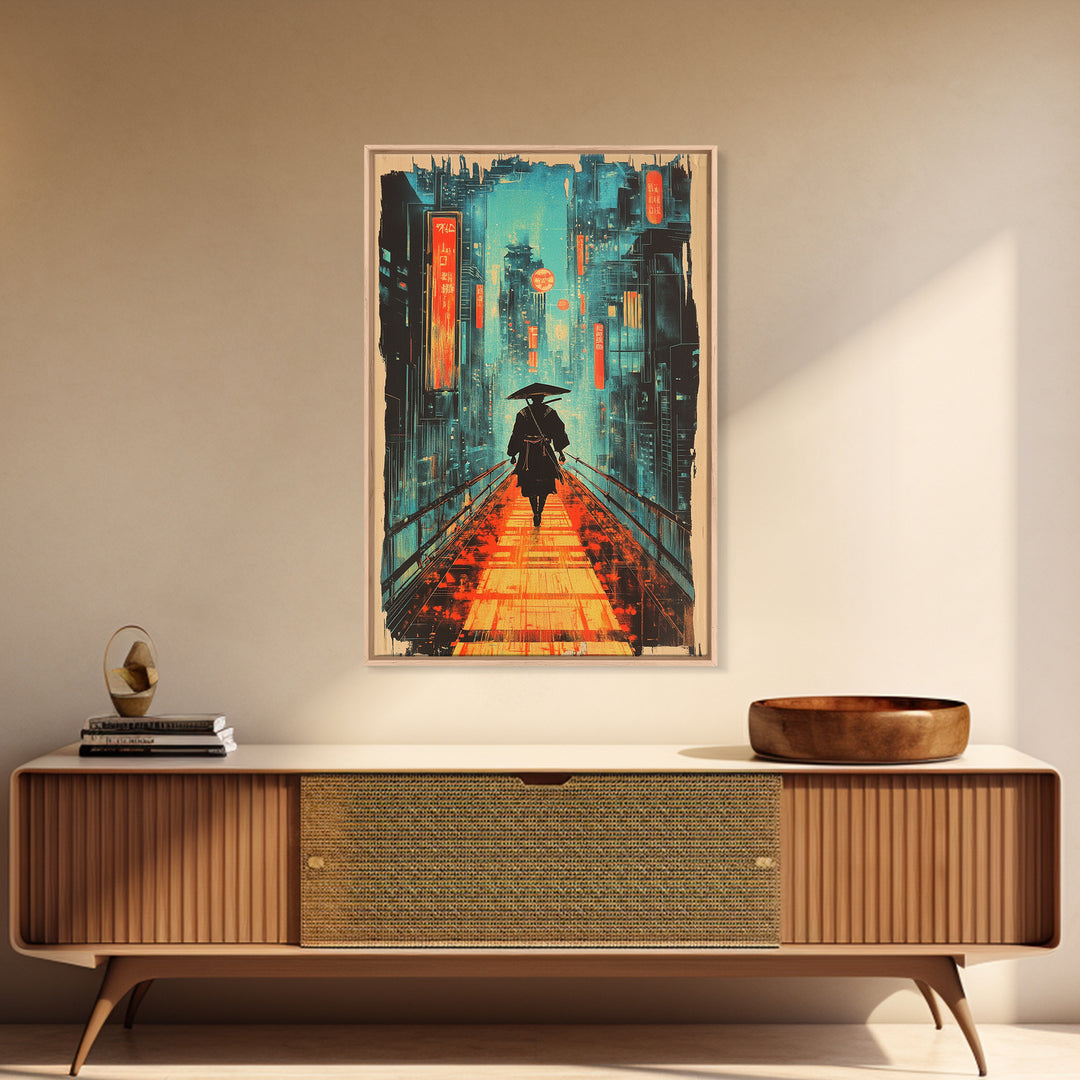 Lone Samurai With Umbrella Wall Art, Neon Cyberpunk City Canvas Print, Japanese Rainy Night Poster Home Office Decor Gift