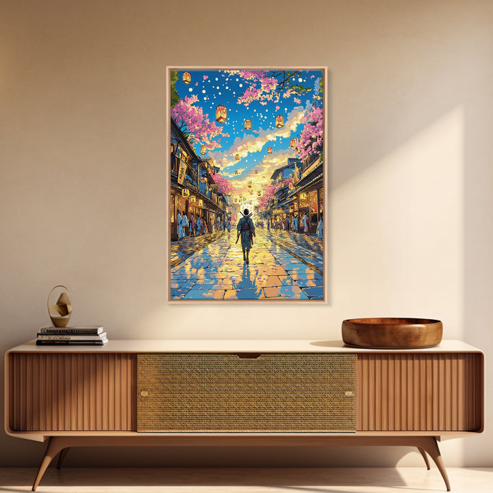 Samurai Lantern Festival Street Wall Art, Japanese Cherry Blossom Canvas Print, Colorful Anime Inspired Home Decor Gift Print