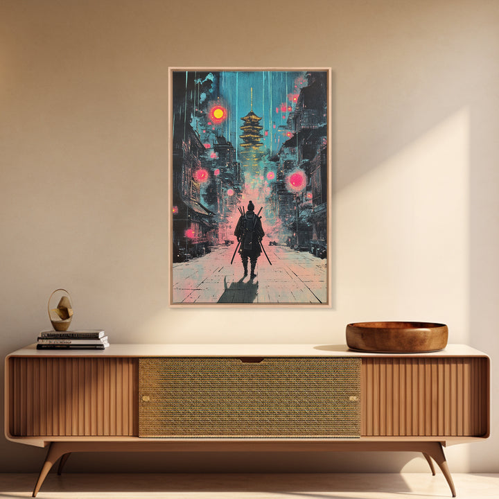 Moody Rain Samurai And Pagoda Wall Art, Japanese Cyberpunk Canvas Print, Dark Neon Cityscape Office Decor Gift For Him Poster