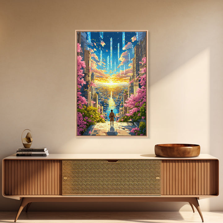 Futuristic City Sunset Vista Wall Art, Cherry Blossom Sci Fi Canvas Print, Vibrant Anime Landscape Living Room Decor Gift